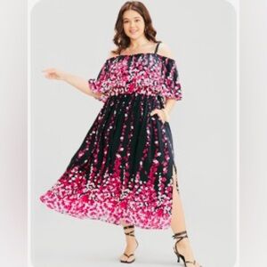 BloomChic Black and Fuchsia Floral Cold-Shoulder Midi Dress